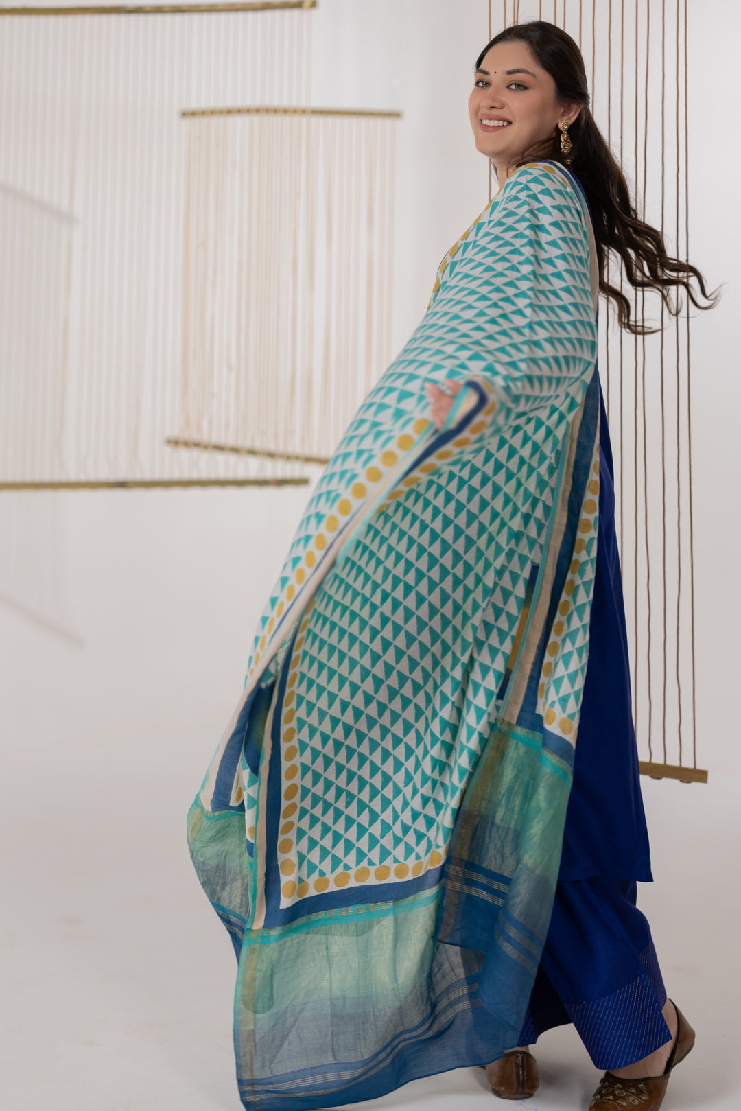 Mint Green Cotton Silk Block Print Dupatta - Dhaaga