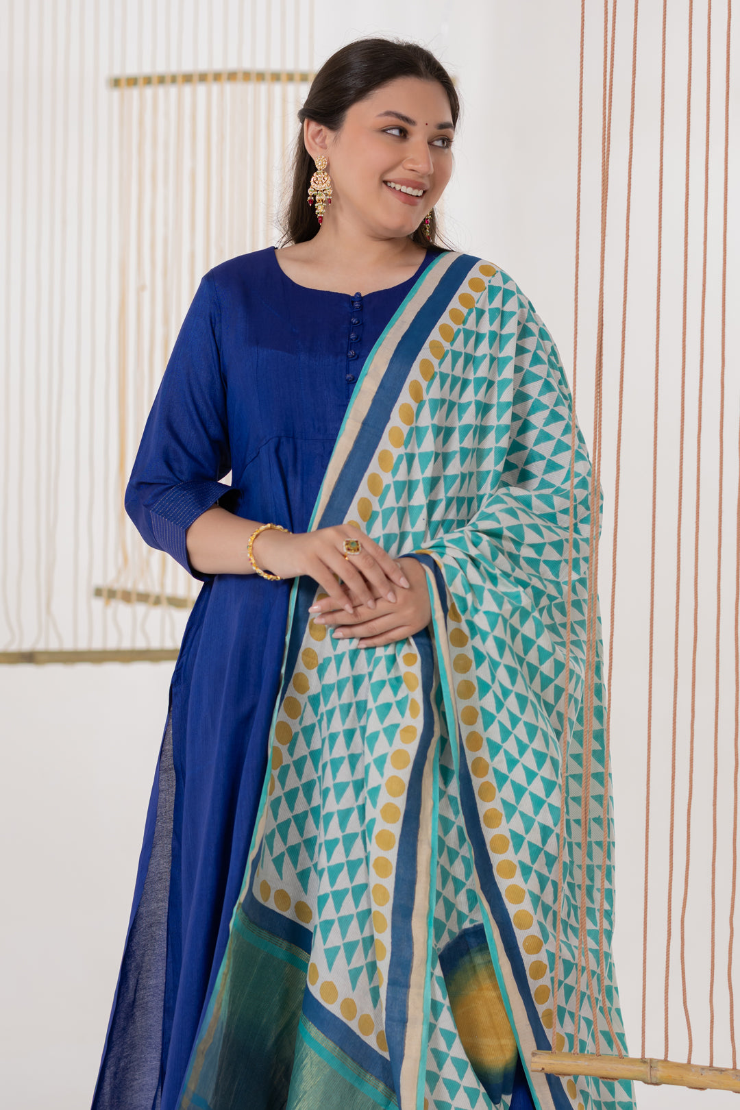Mint Green Cotton Silk Block Print Dupatta - Dhaaga