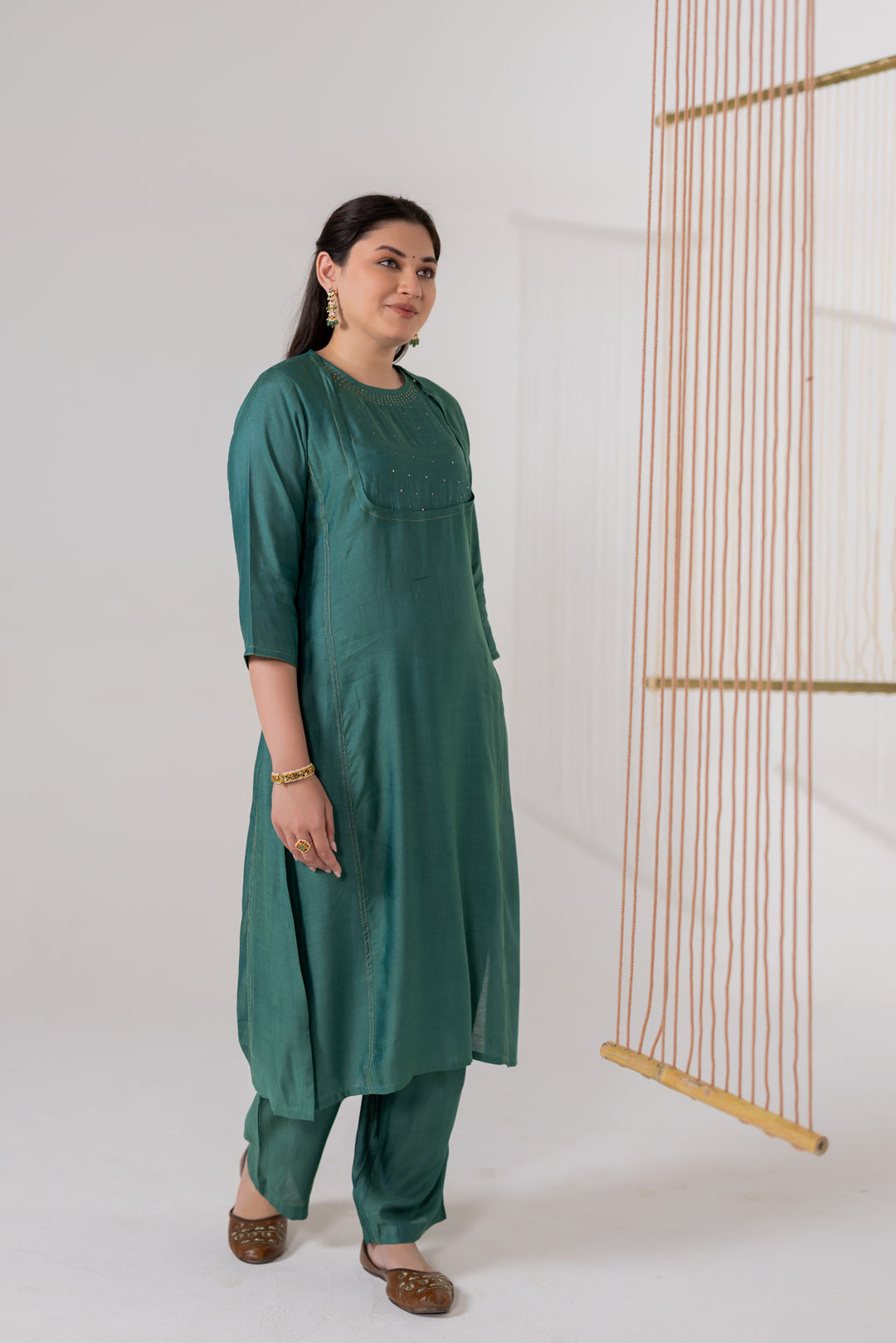 Forest Green Cotton Silk Kurta Set of 2 with Badla Work - Dhaaga