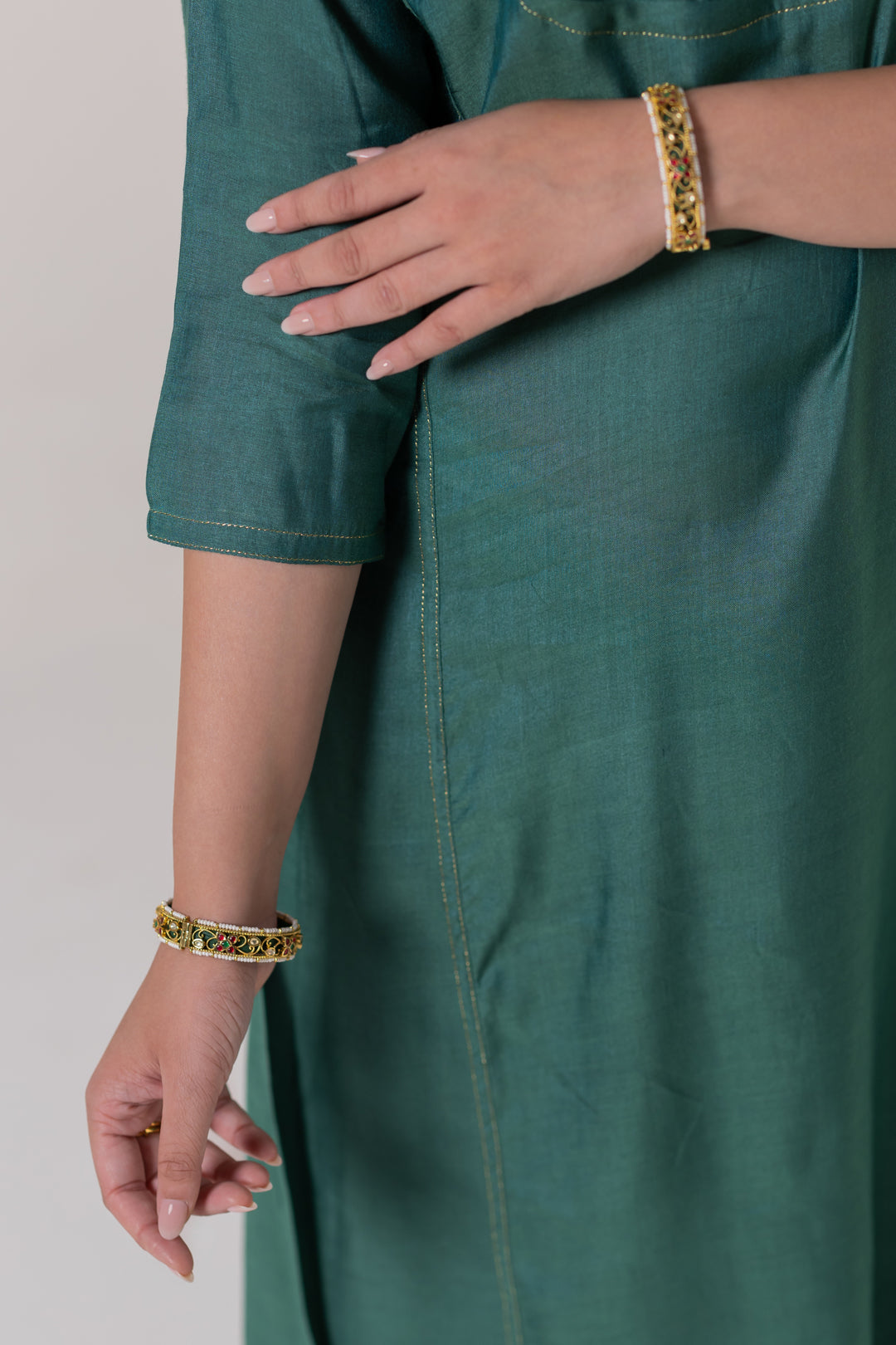 Forest Green Cotton Silk Kurta Set of 2 with Badla Work - Dhaaga