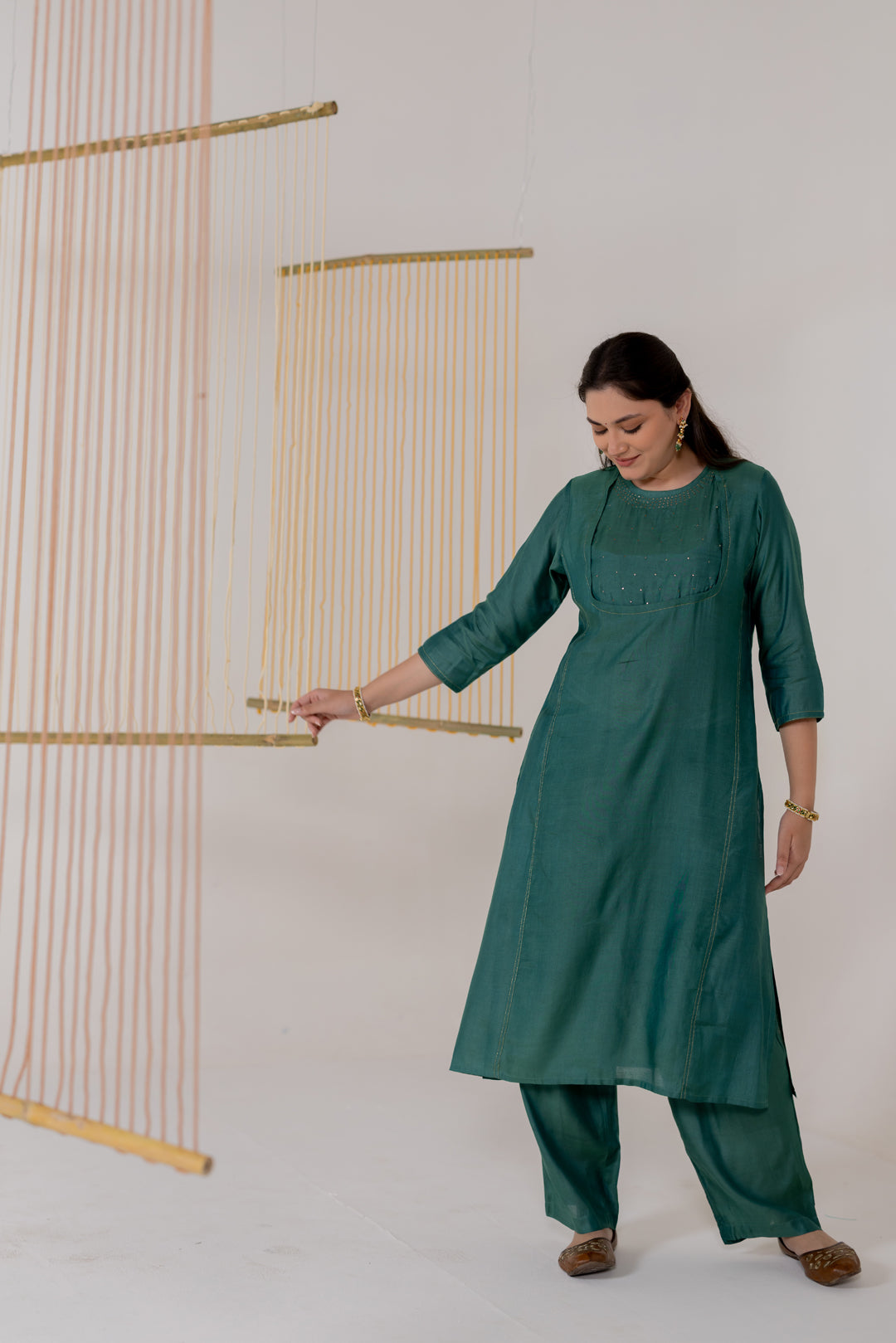 Forest Green Cotton Silk Kurta Set of 2 with Badla Work - Dhaaga