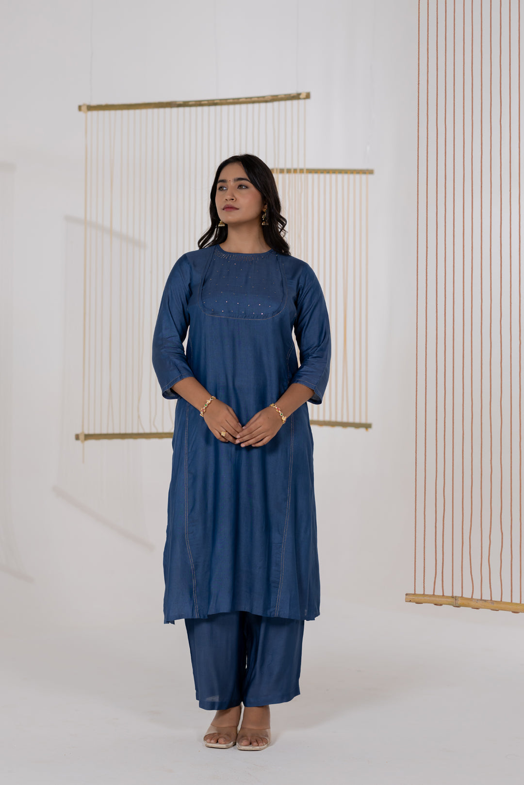 Ajrakh Blue Cotton Silk Kurta Set of 2 with Badla Work- Dhaaga