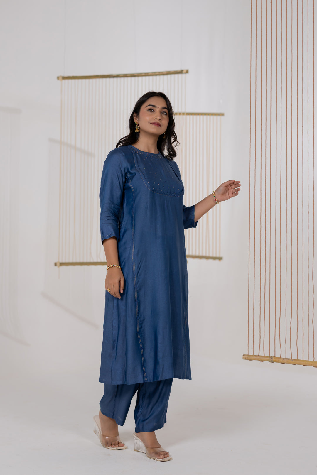 Ajrakh Blue Cotton Silk Kurta Set of 2 with Badla Work- Dhaaga