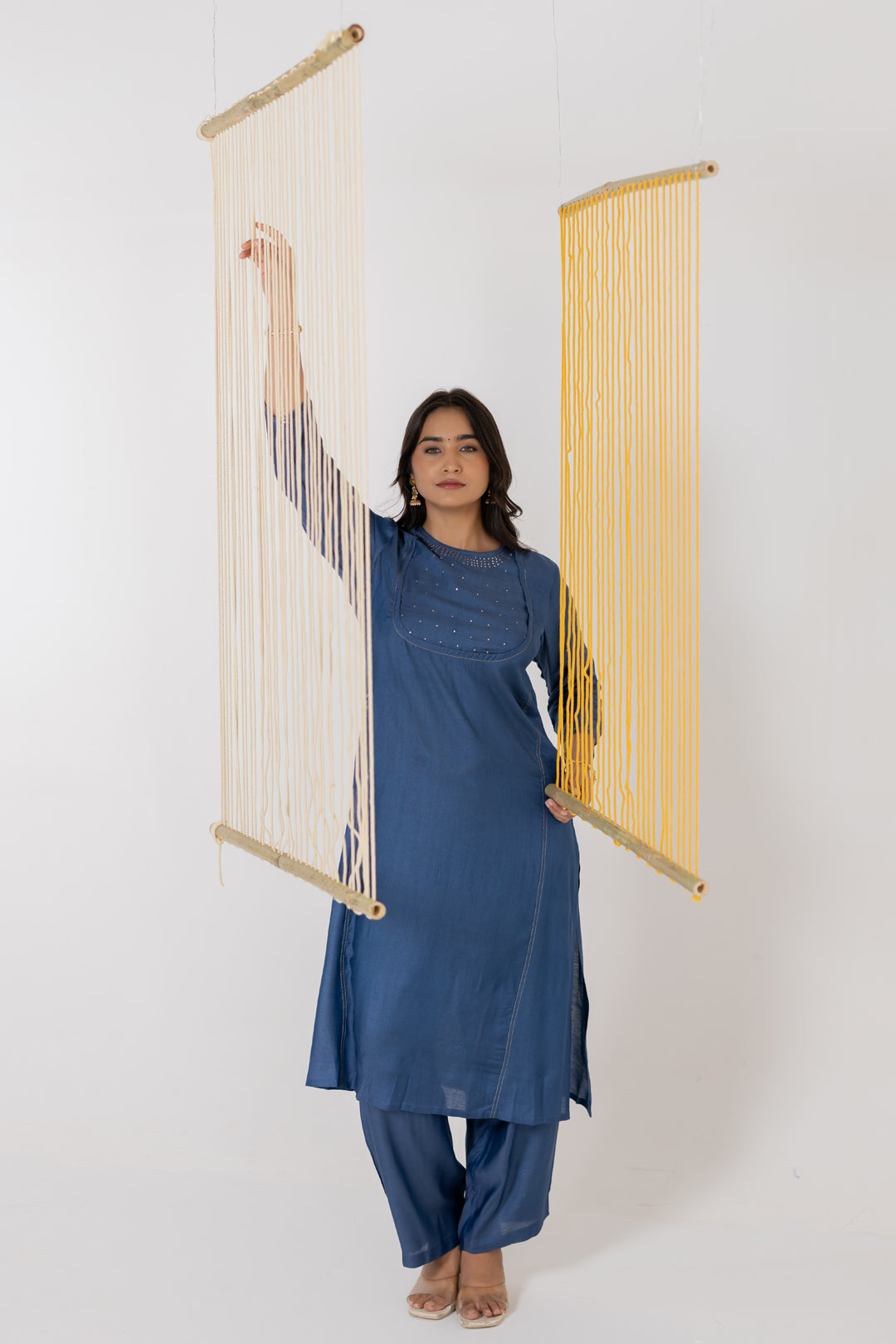 Ajrakh Blue Cotton Silk Kurta Set of 2 with Badla Work- Dhaaga