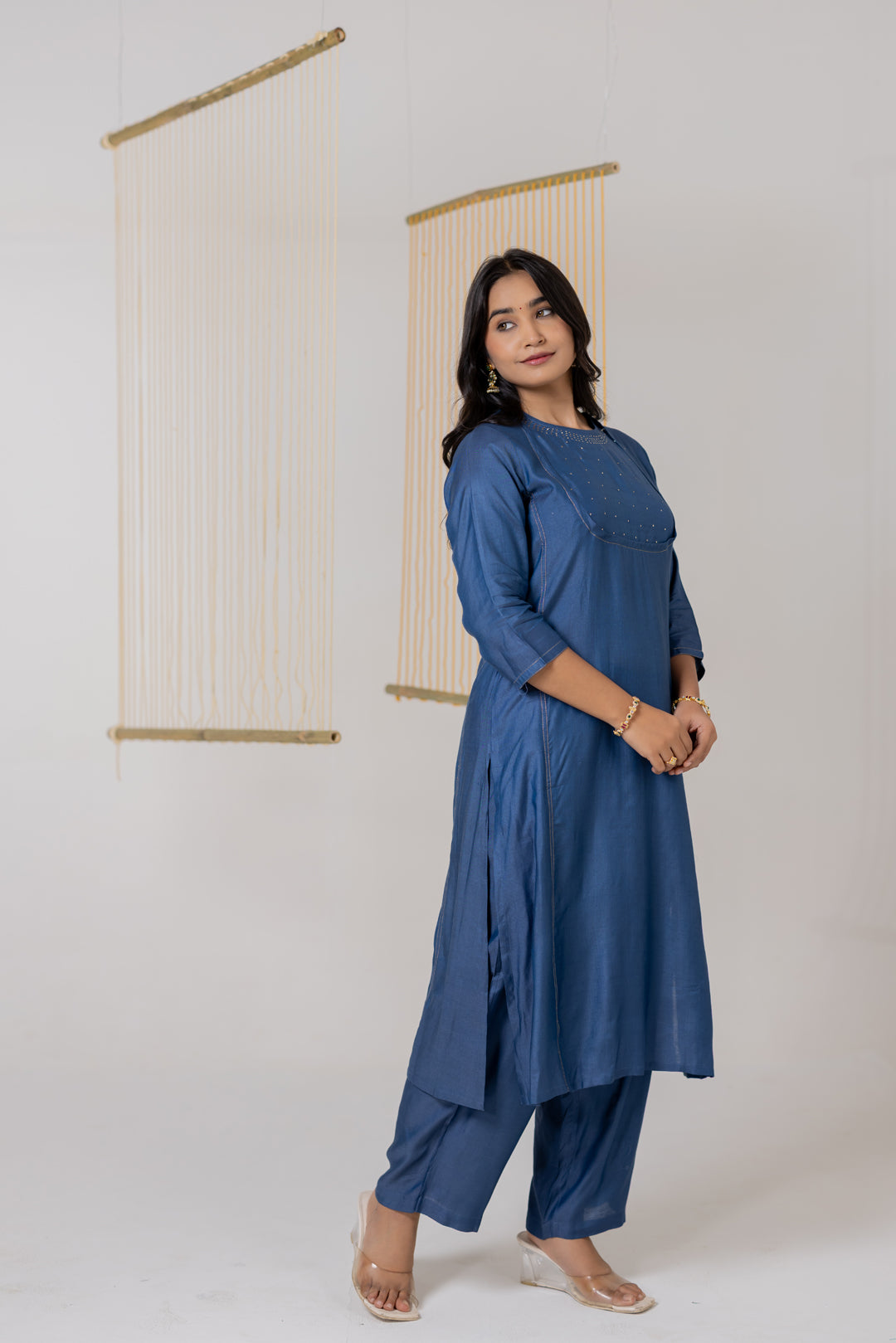 Ajrakh Blue Cotton Silk Kurta Set of 2 with Badla Work- Dhaaga