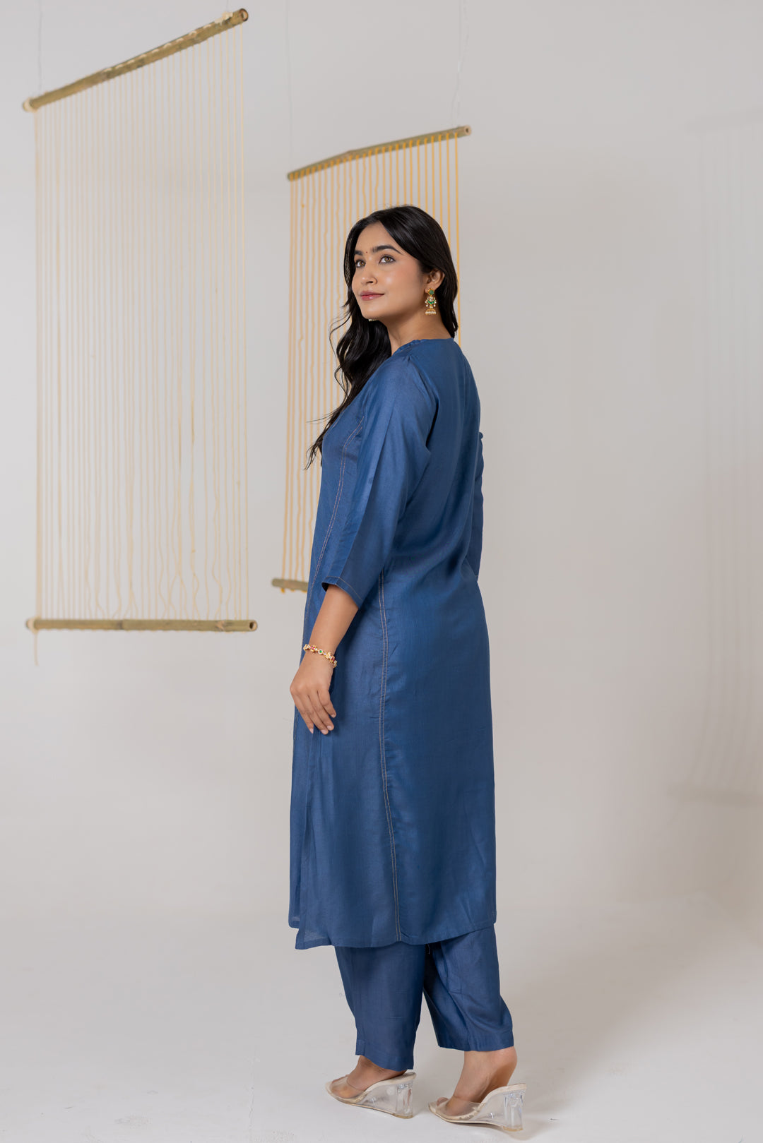 Ajrakh Blue Cotton Silk Kurta Set of 2 with Badla Work- Dhaaga