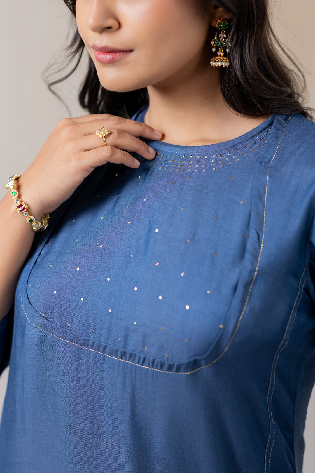 Ajrakh Blue Cotton Silk Kurta Set of 2 with Badla Work- Dhaaga