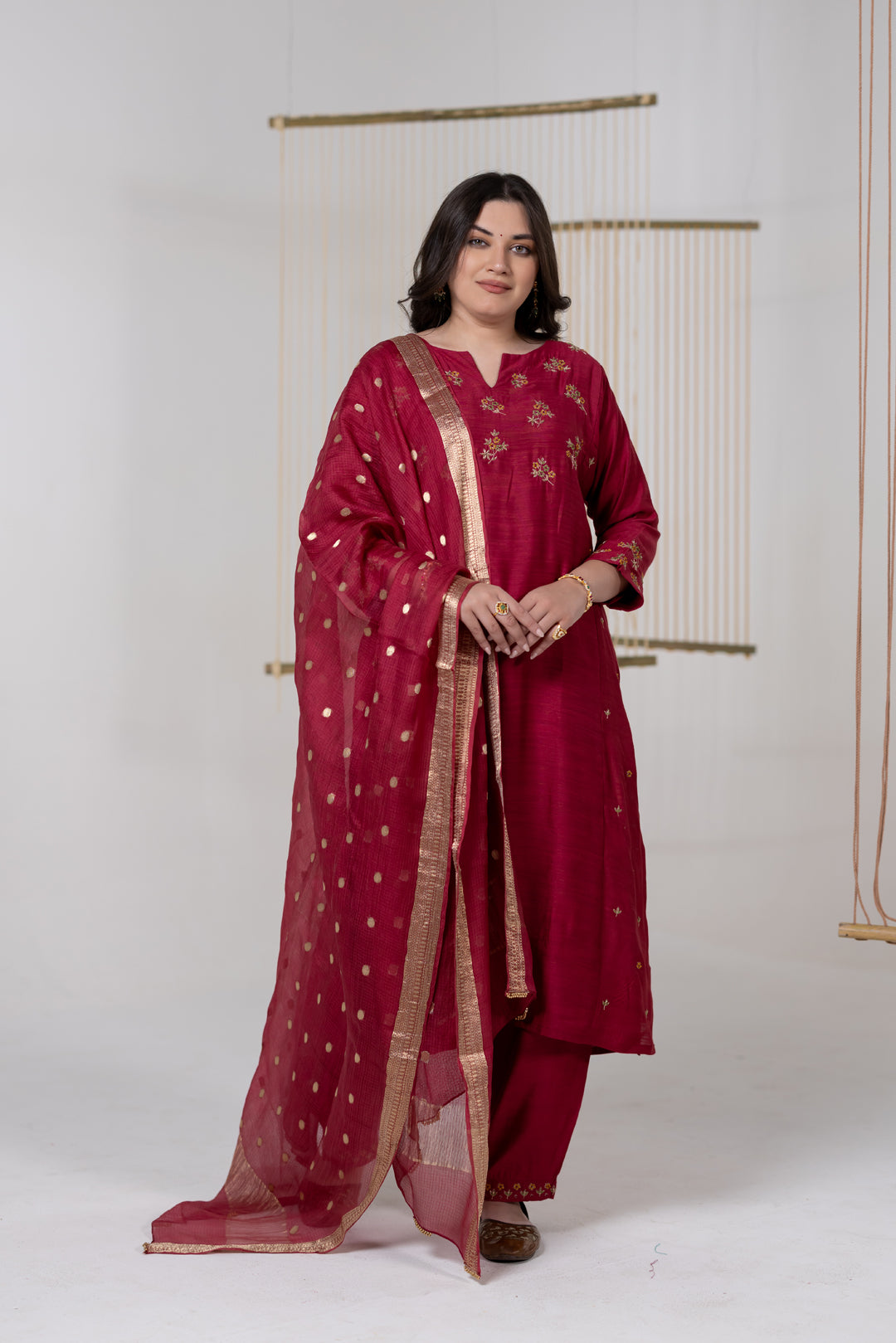 Maroon Chanderi Silk Kurta Set of 3 with Khat Work - Dhaaga