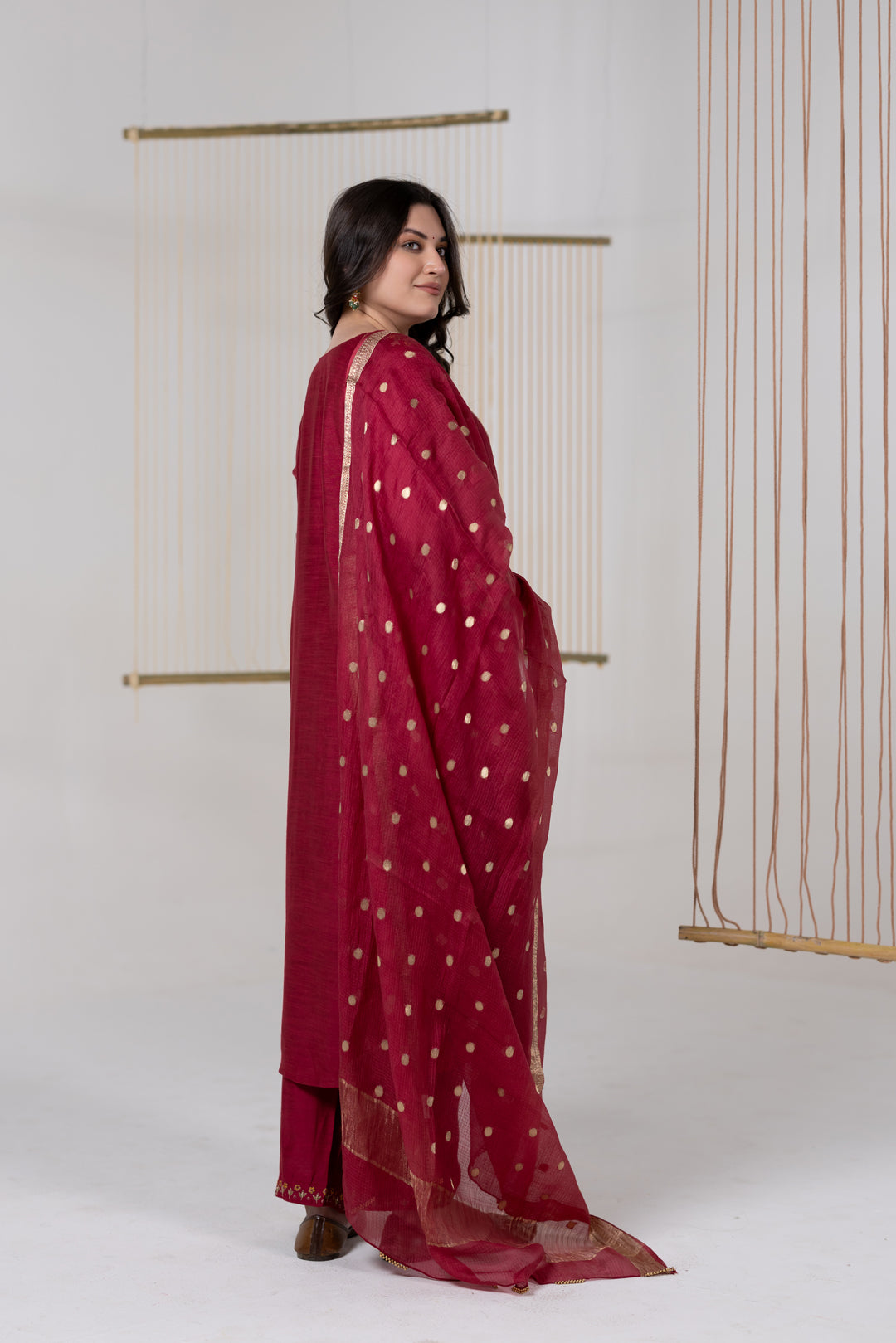 Maroon Chanderi Silk Kurta Set of 3 with Khat Work - Dhaaga