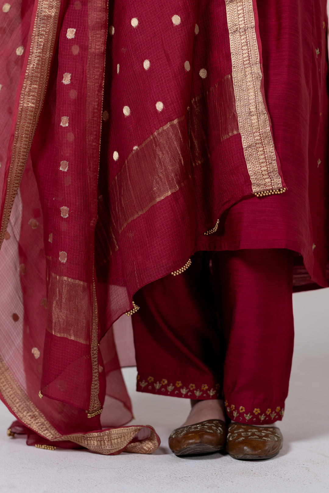 Maroon Chanderi Silk Kurta Set of 3 with Khat Work - Dhaaga