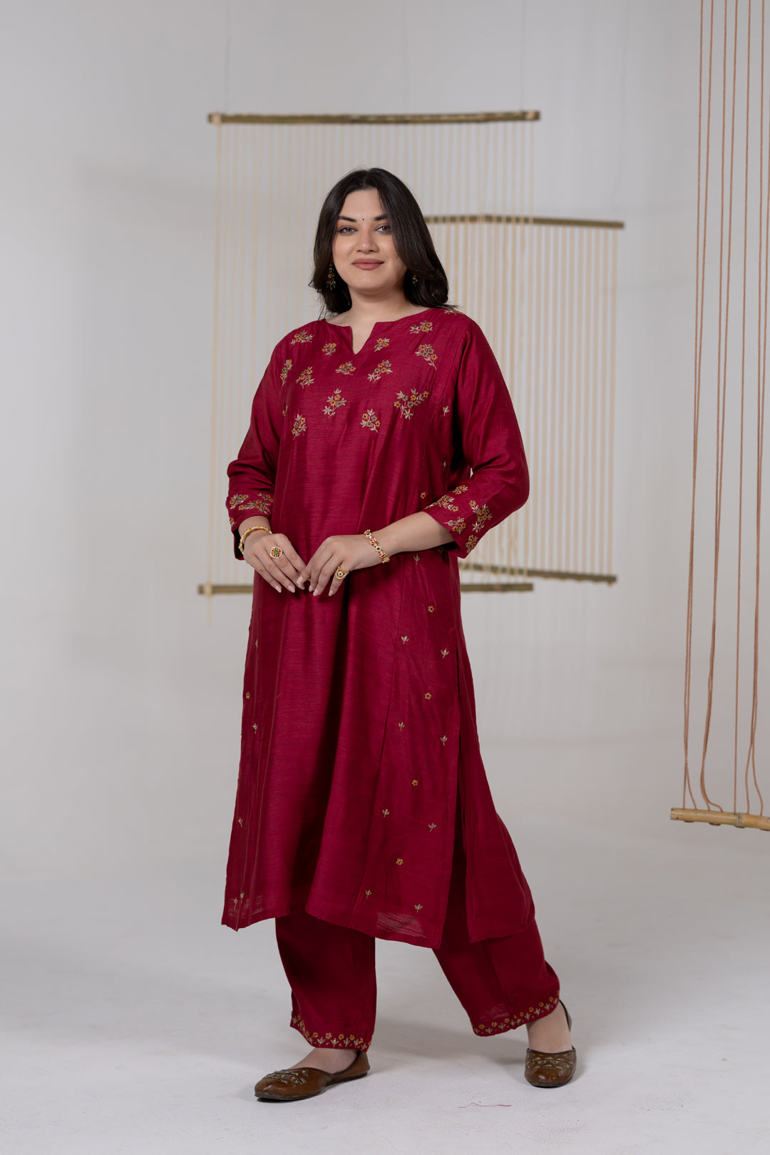 Maroon Chanderi Silk Kurta Set of 3 with Khat Work - Dhaaga