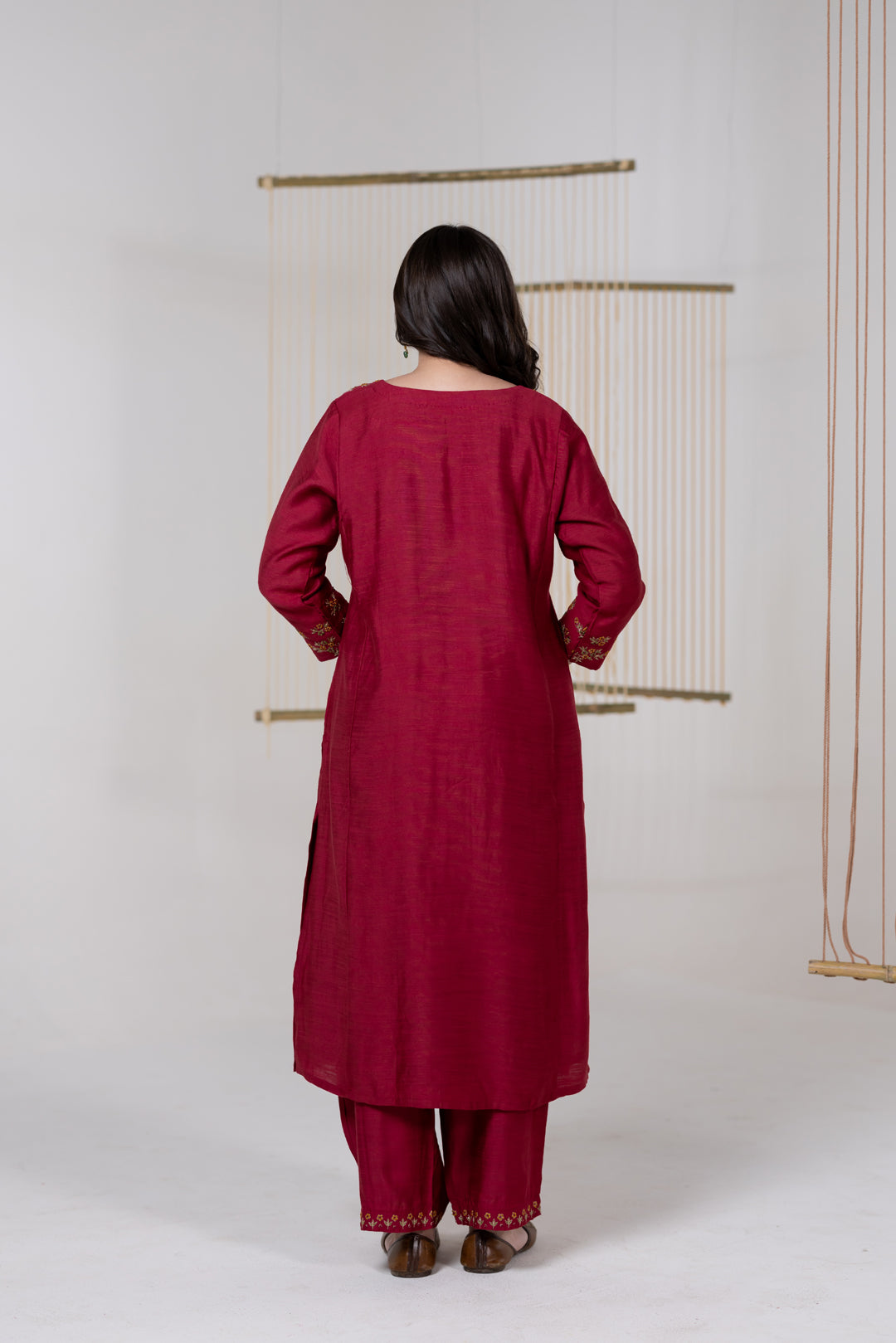 Maroon Chanderi Silk Kurta Set of 3 with Khat Work - Dhaaga