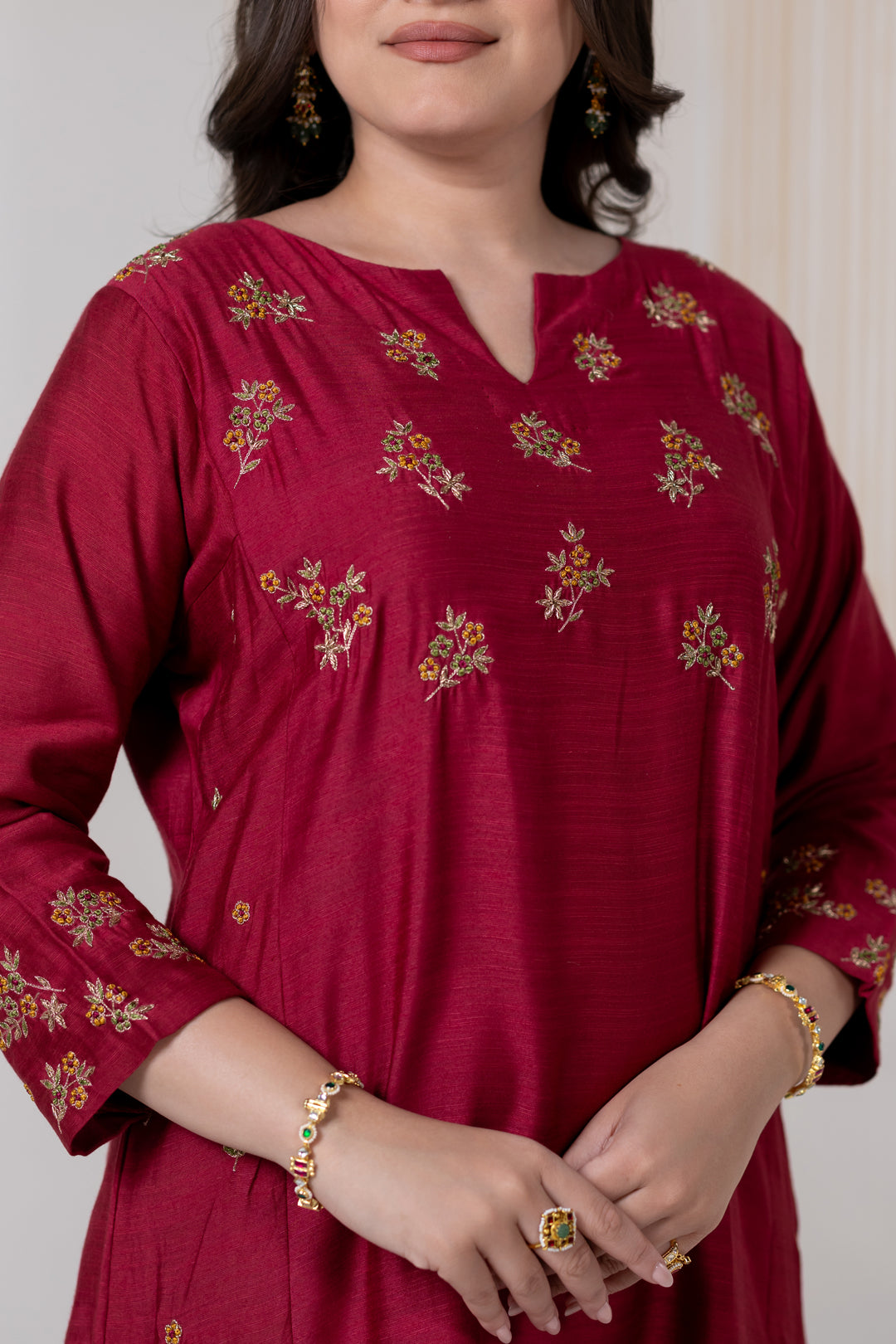 Maroon Chanderi Silk Kurta Set of 3 with Khat Work - Dhaaga