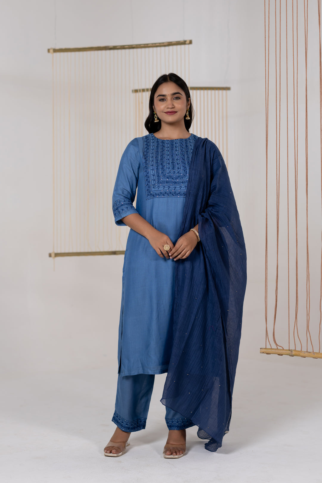 Navy Blue Cotton Silk Dupatta with Mukesh Work - Dhaaga