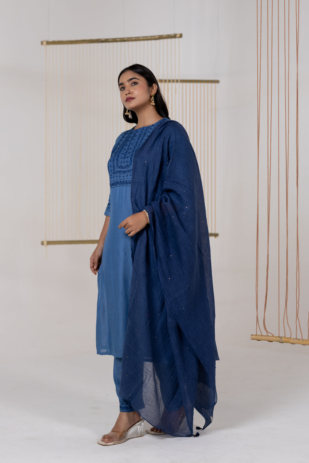 Navy Blue Cotton Silk Dupatta with Mukesh Work - Dhaaga