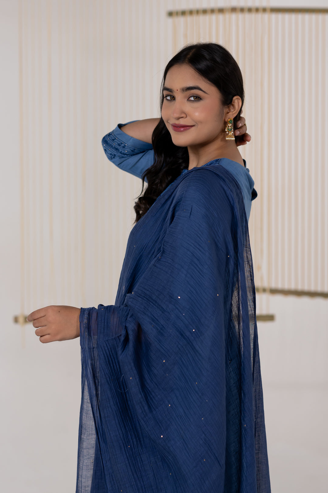 Navy Blue Cotton Silk Dupatta with Mukesh Work - Dhaaga