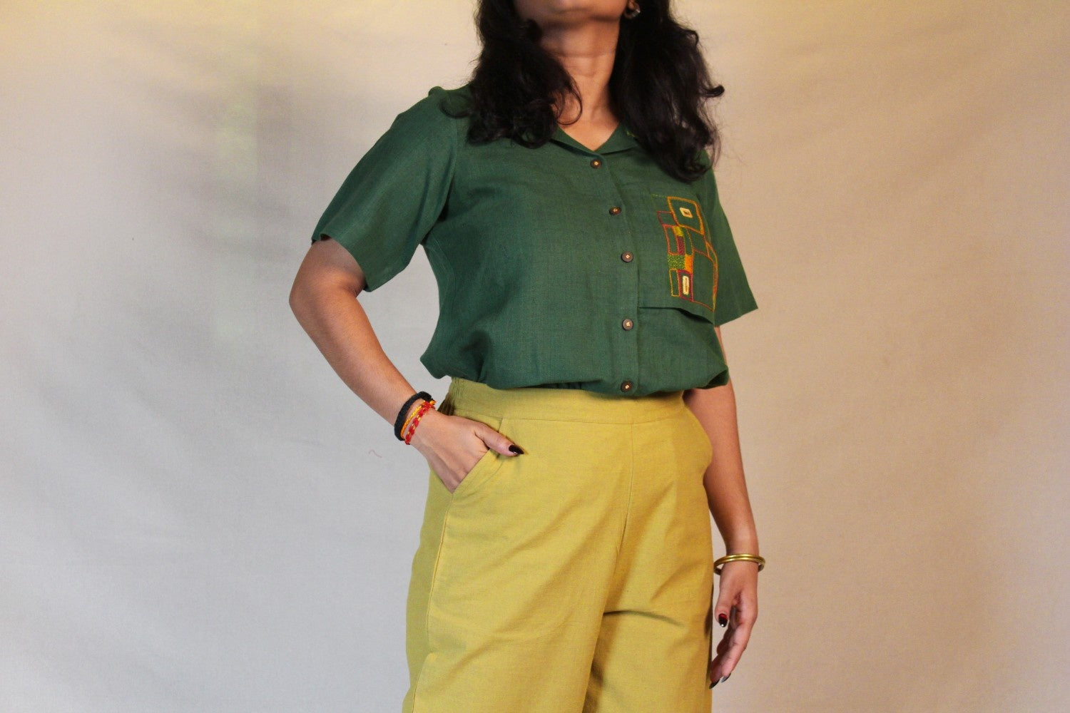 Green Beige Airy Cotton Straight Trousers for Women | Ray Ethnic