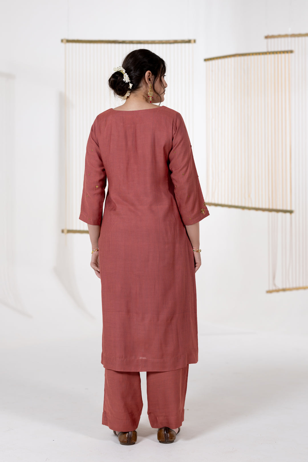 Rust Kurta Set of 3 in Cotton Silk with Khat Work - Dhaaga