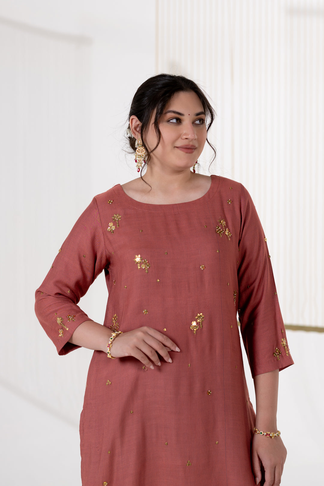 Rust Kurta Set of 3 in Cotton Silk with Khat Work - Dhaaga