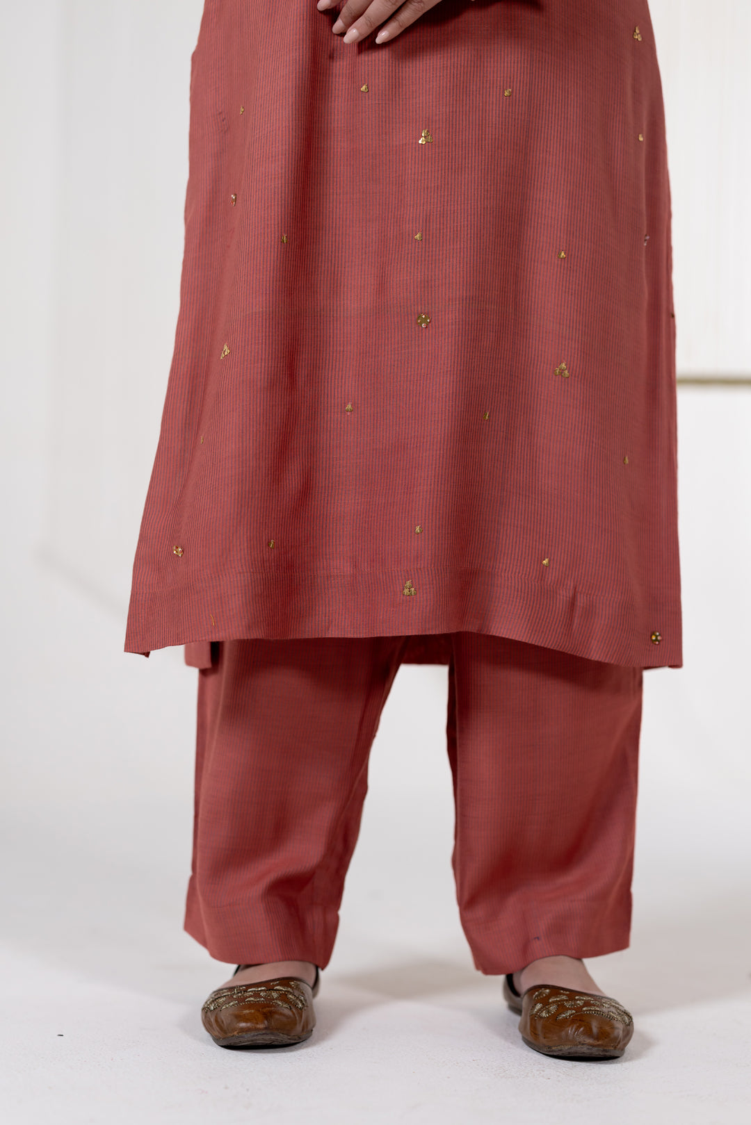 Rust Kurta Set of 3 in Cotton Silk with Khat Work - Dhaaga