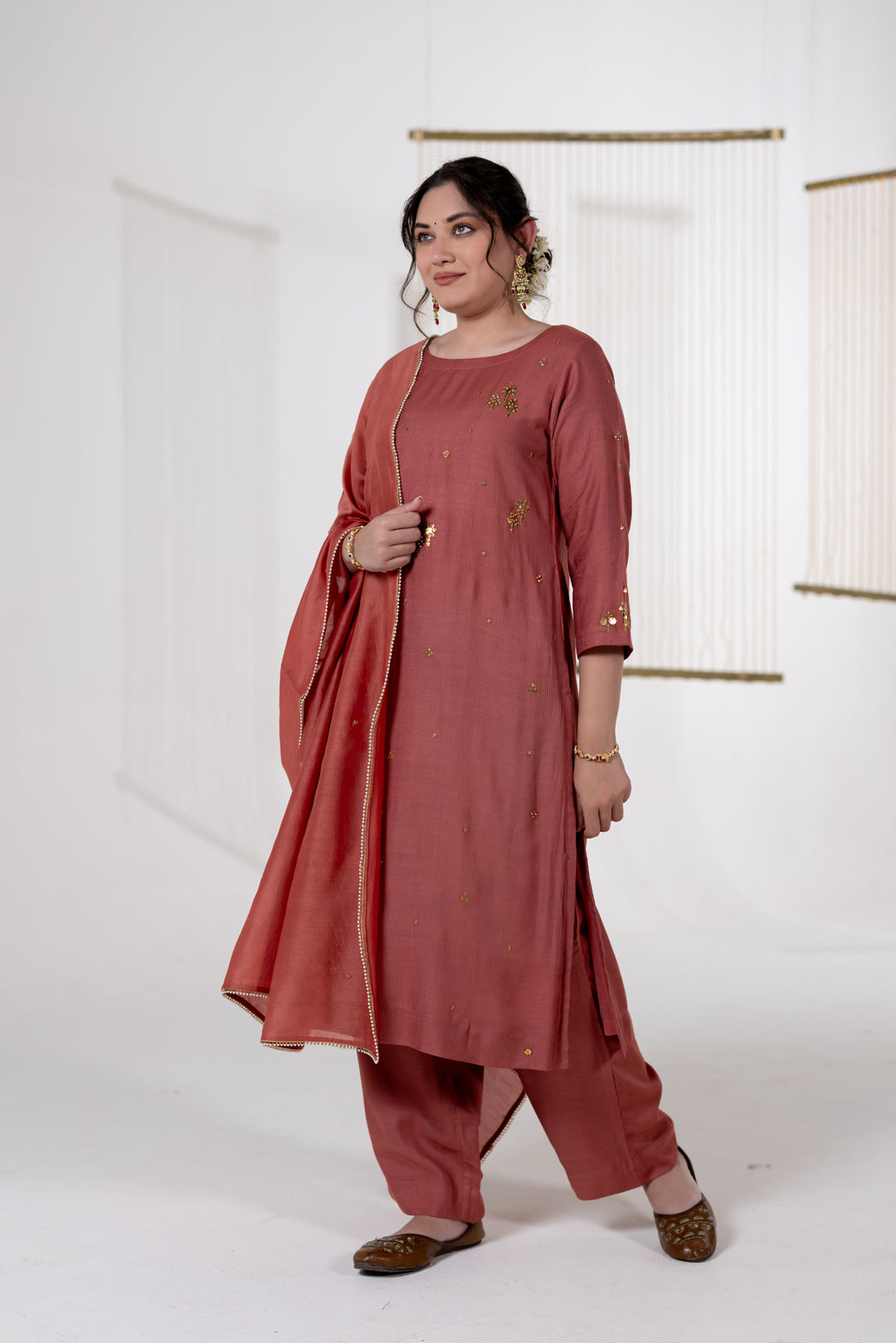 Rust Kurta Set of 3 in Cotton Silk with Khat Work - Dhaaga