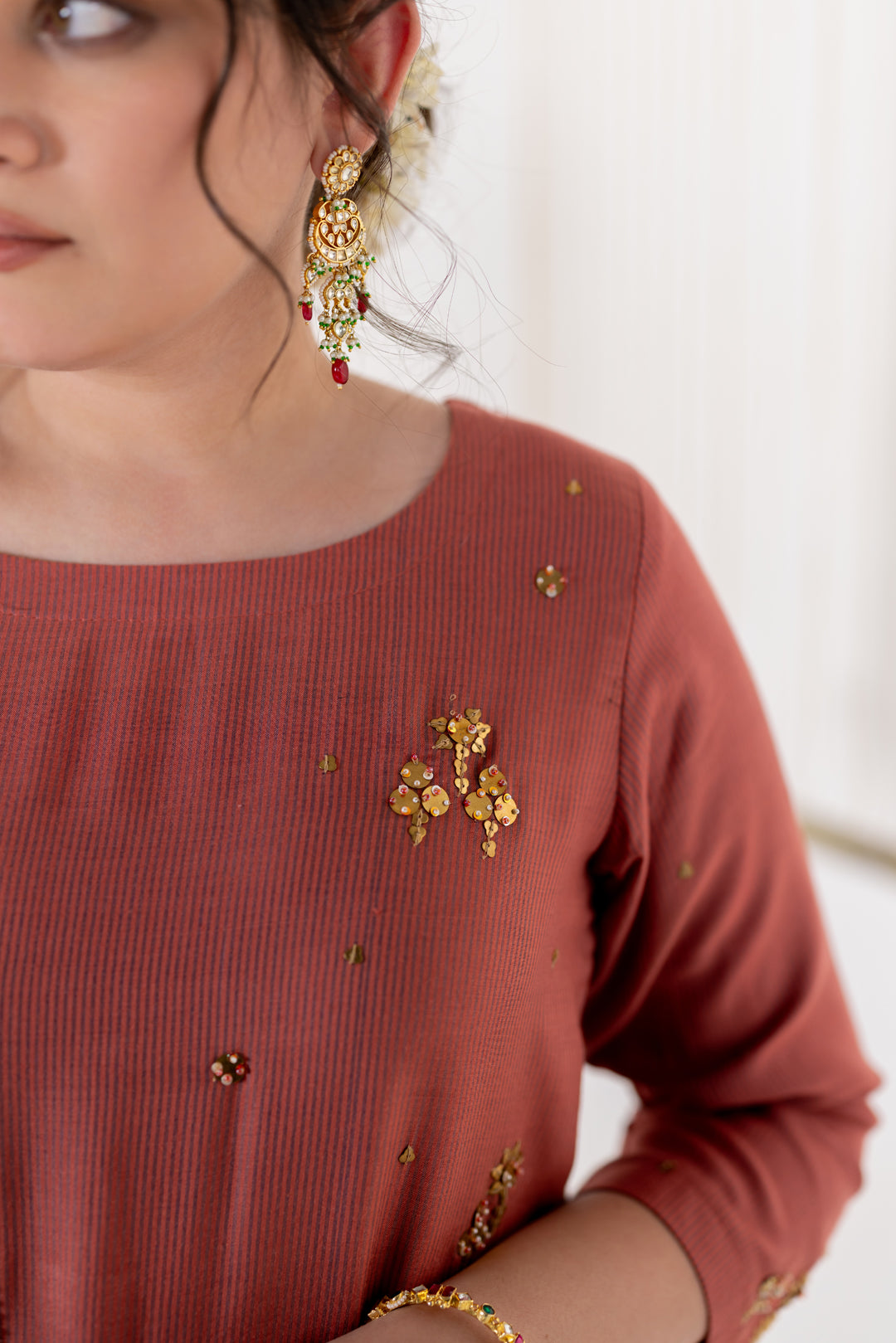 Rust Kurta Set of 3 in Cotton Silk with Khat Work - Dhaaga