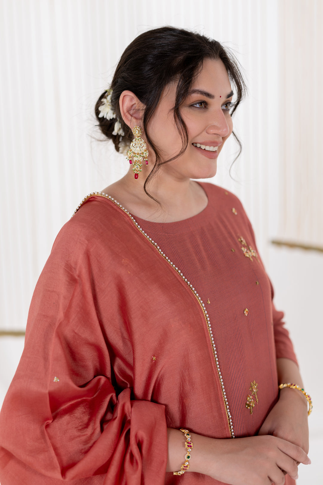 Rust Kurta Set of 3 in Cotton Silk with Khat Work - Dhaaga