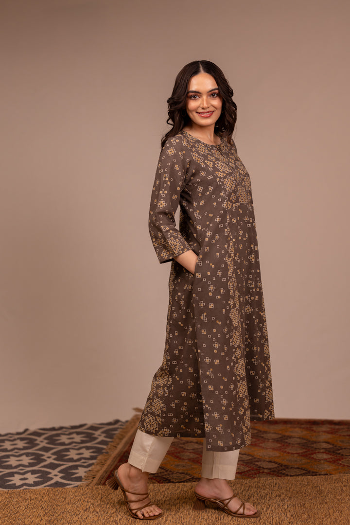 Light Brown Ajrakh Hand Block Printed Cotton Kurta – Rekh
