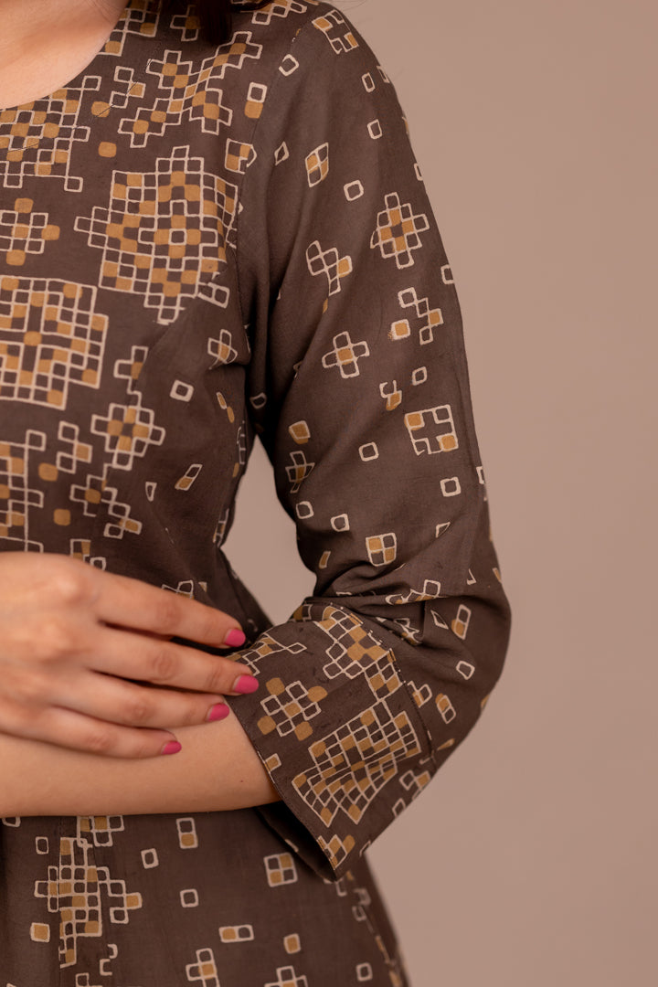 Light Brown Ajrakh Hand Block Printed Cotton Kurta – Rekh