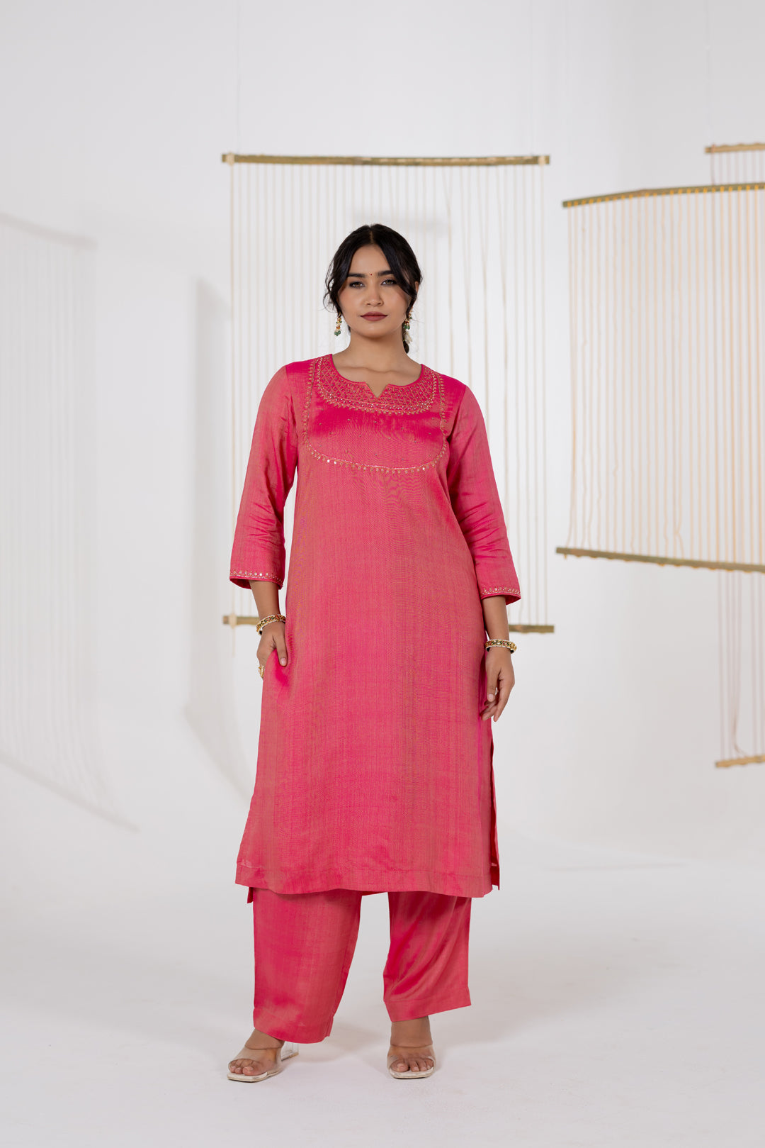 Pink Kurta Set of 3 in Cotton Silk with Khat Work - Dhaaga