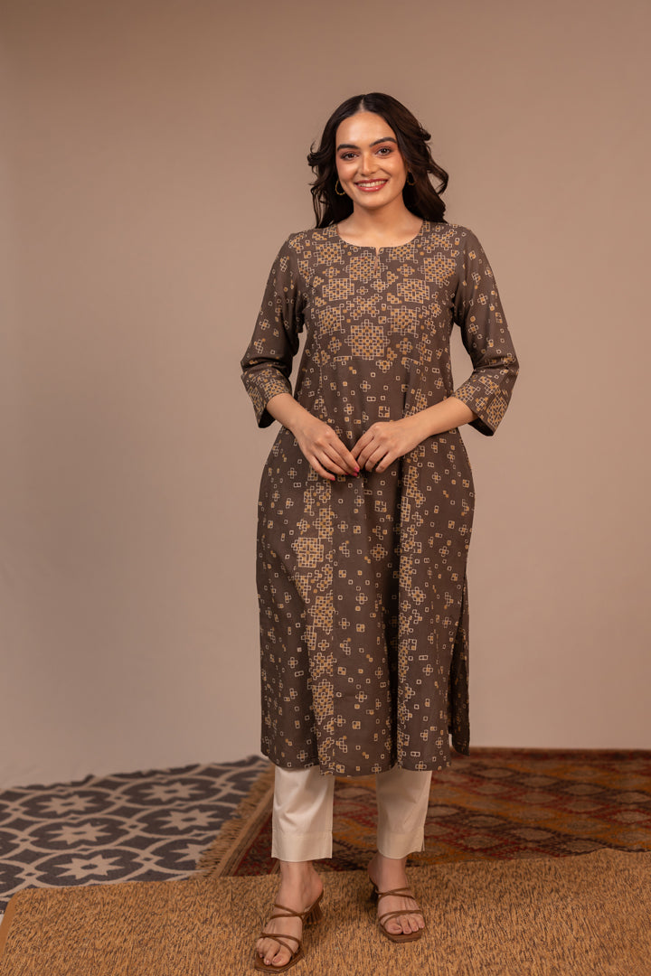 Light Brown Ajrakh Hand Block Printed Cotton Kurta – Rekh