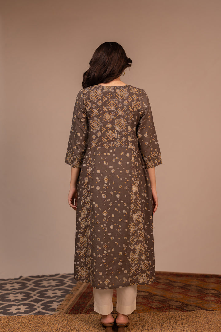 Light Brown Ajrakh Hand Block Printed Cotton Kurta – Rekh