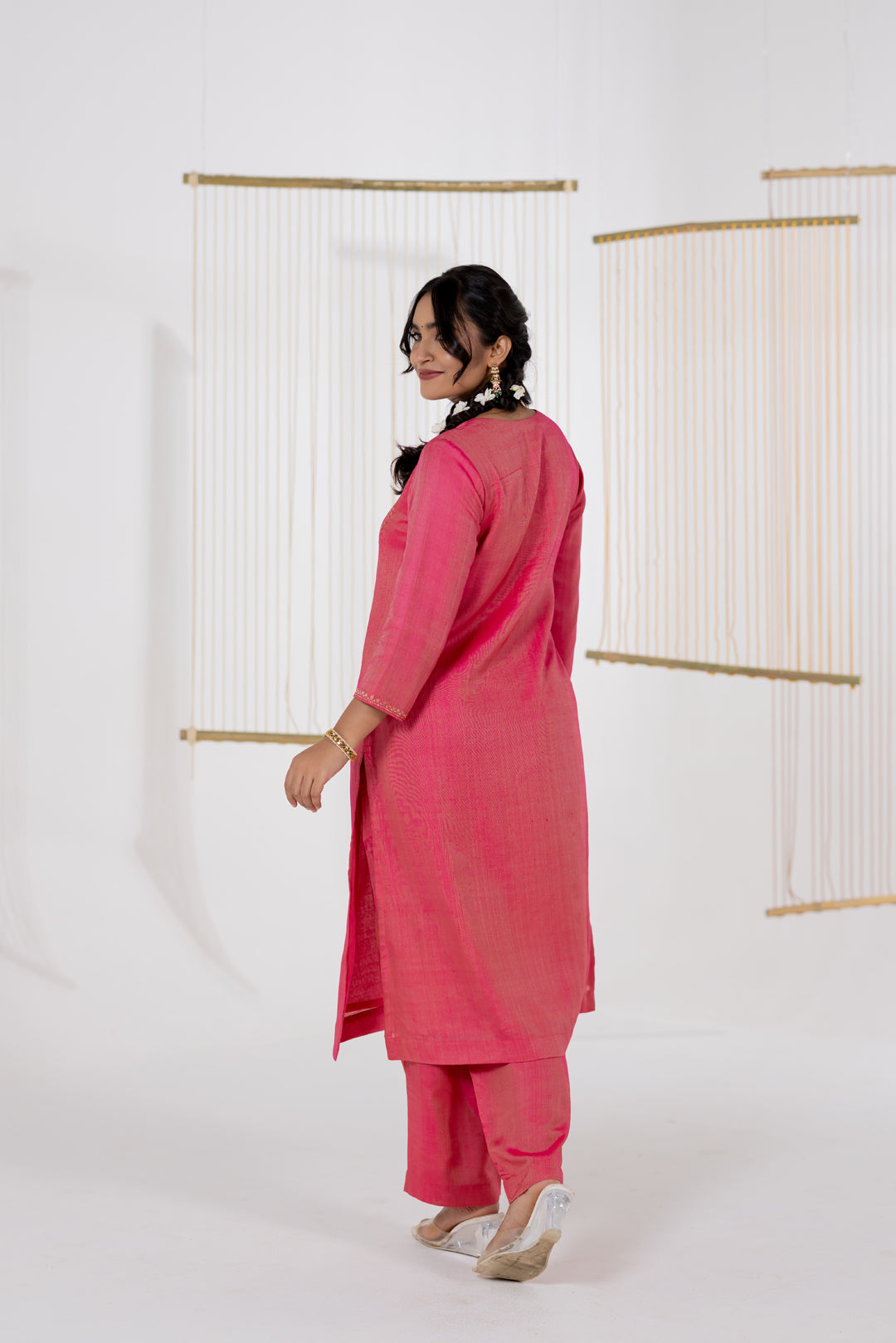 Pink Kurta Set of 3 in Cotton Silk with Khat Work - Dhaaga