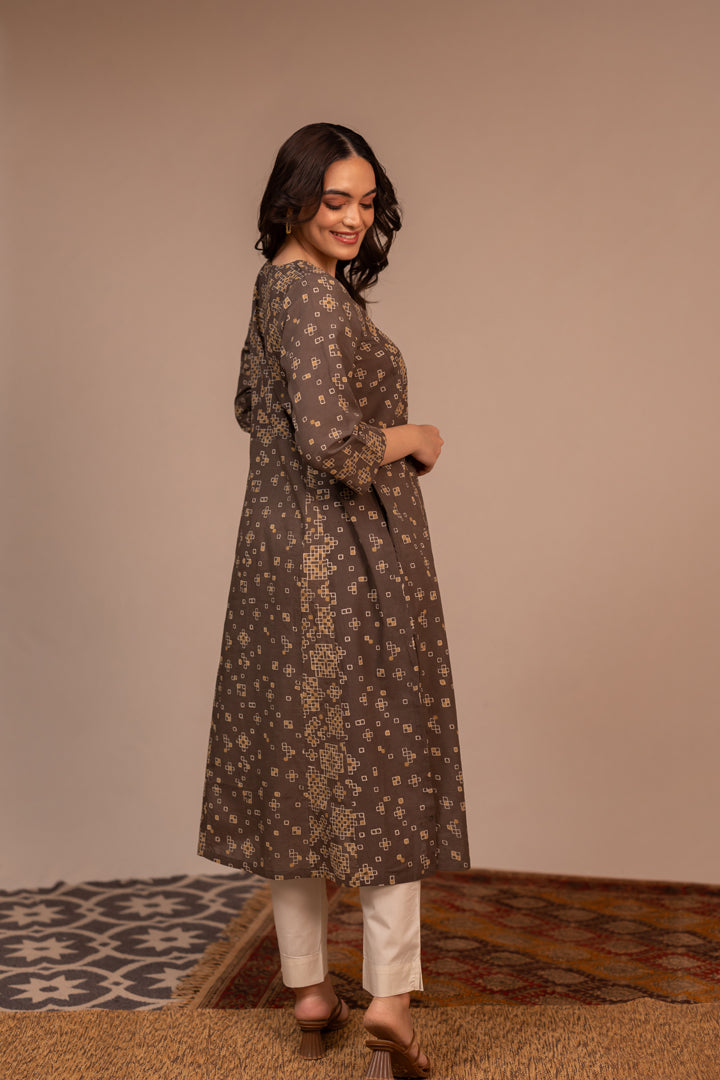 Light Brown Ajrakh Hand Block Printed Cotton Kurta – Rekh