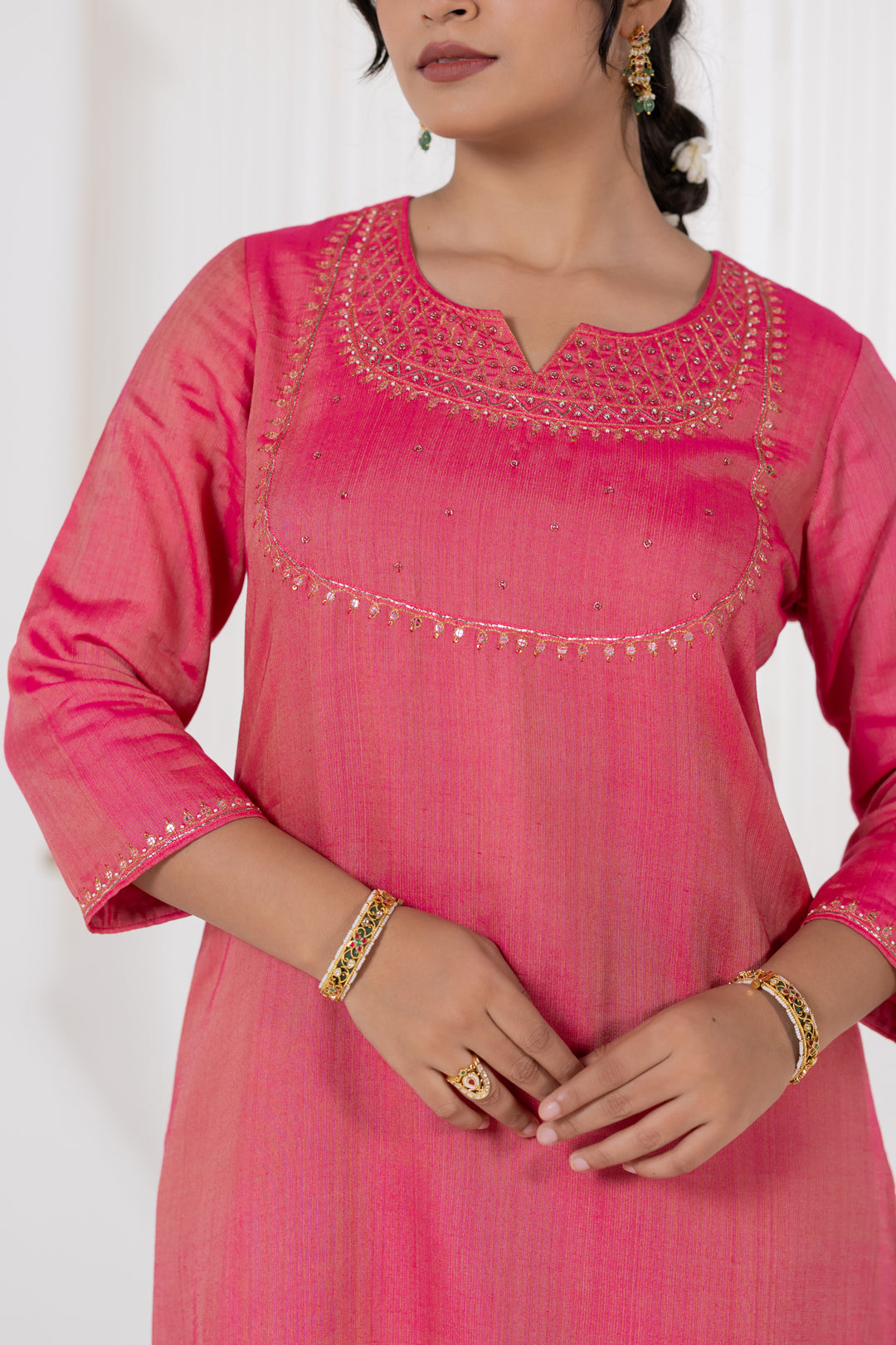 Pink Kurta Set of 3 in Cotton Silk with Khat Work - Dhaaga