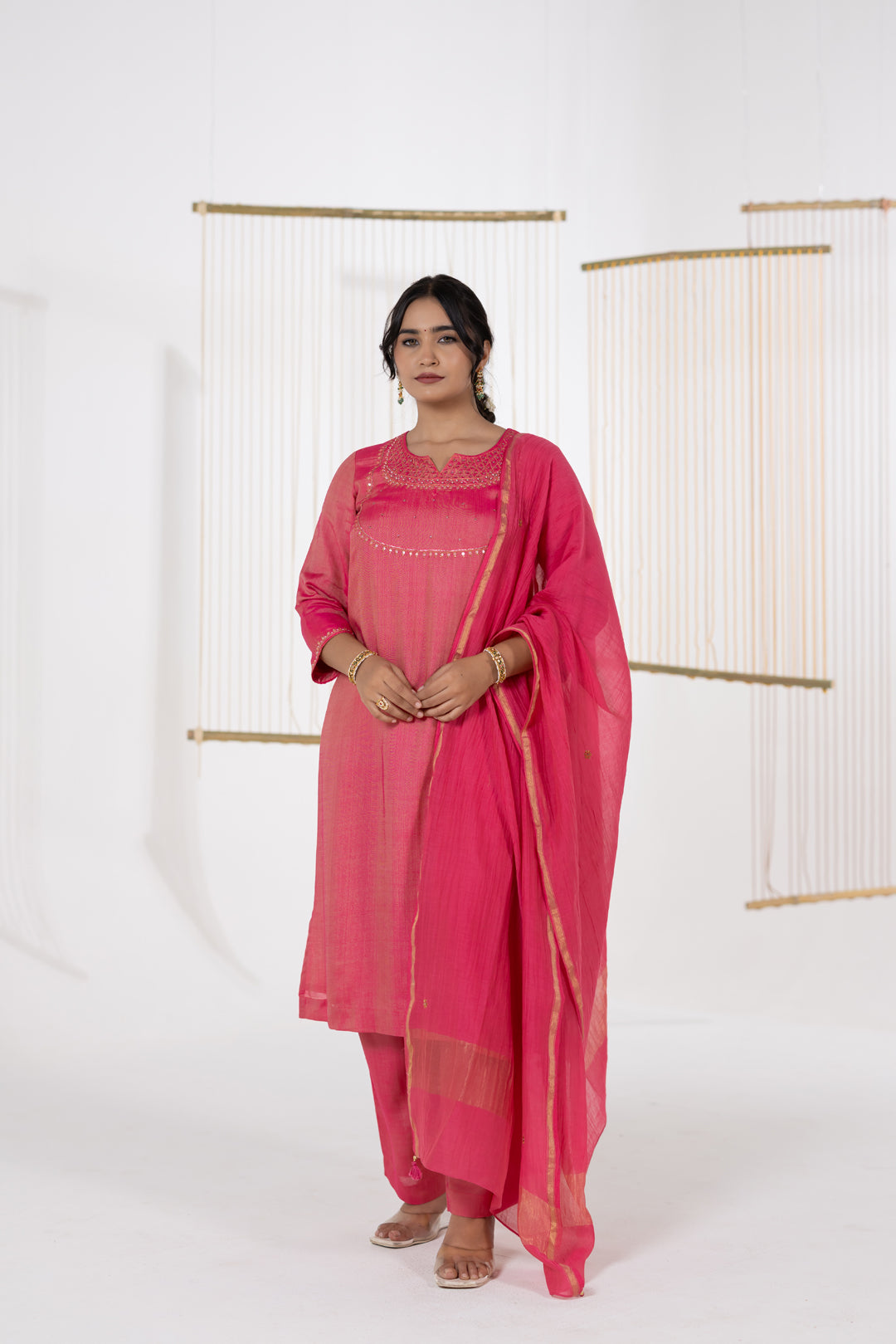 Pink Kurta Set of 3 in Cotton Silk with Khat Work - Dhaaga