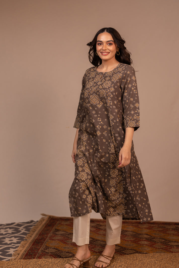 Light Brown Ajrakh Hand Block Printed Cotton Kurta – Rekh