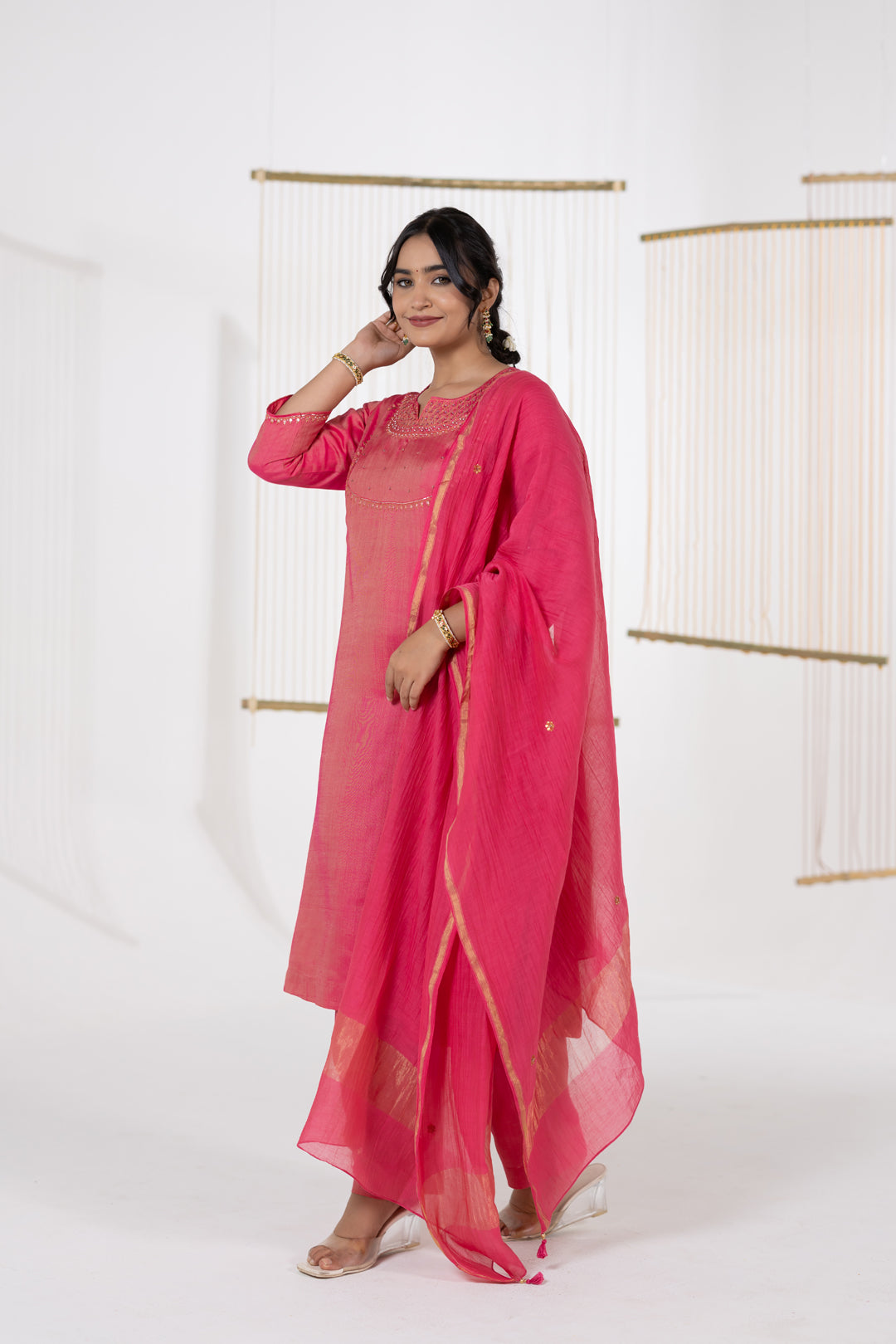 Pink Kurta Set of 3 in Cotton Silk with Khat Work - Dhaaga