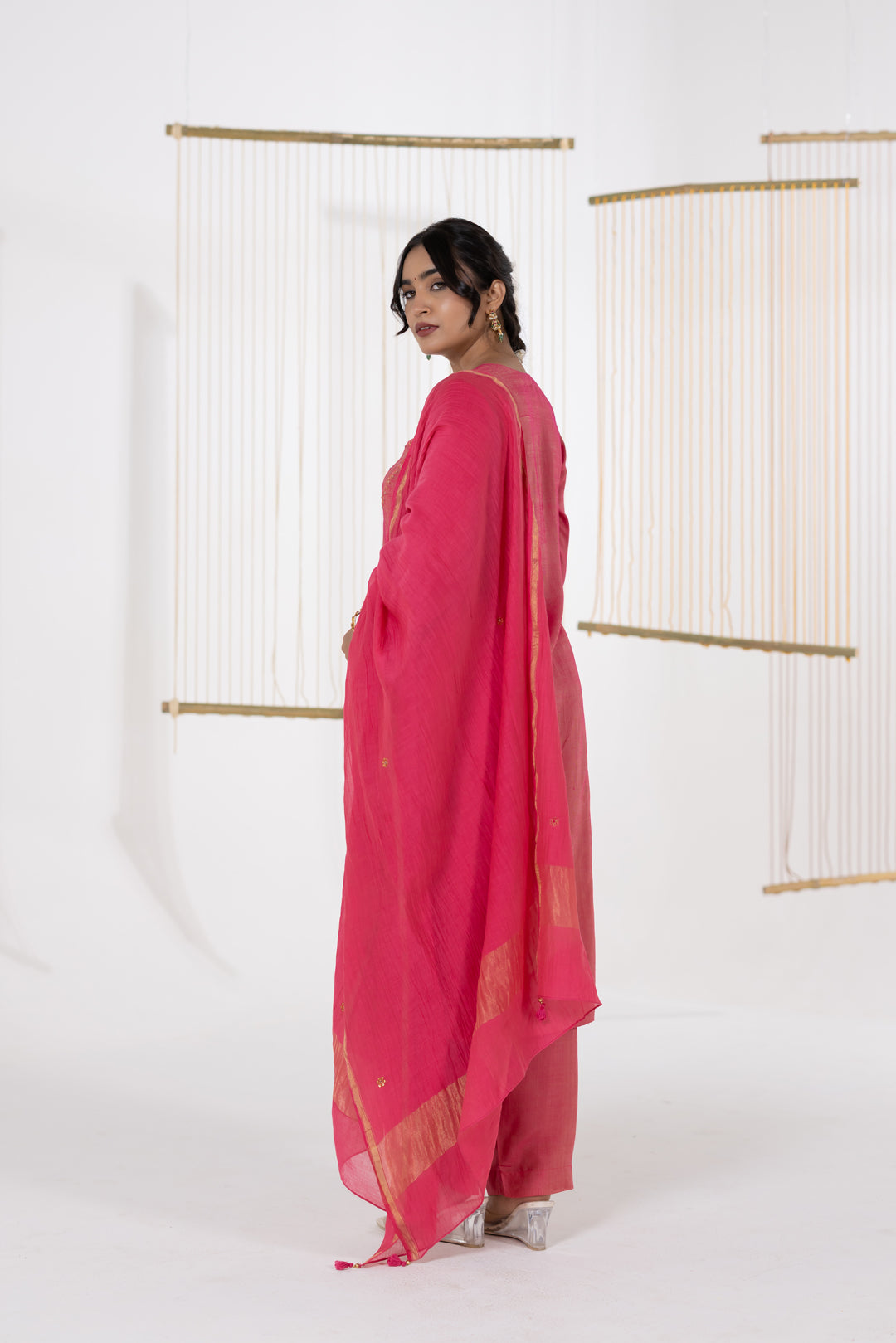 Pink Kurta Set of 3 in Cotton Silk with Khat Work - Dhaaga