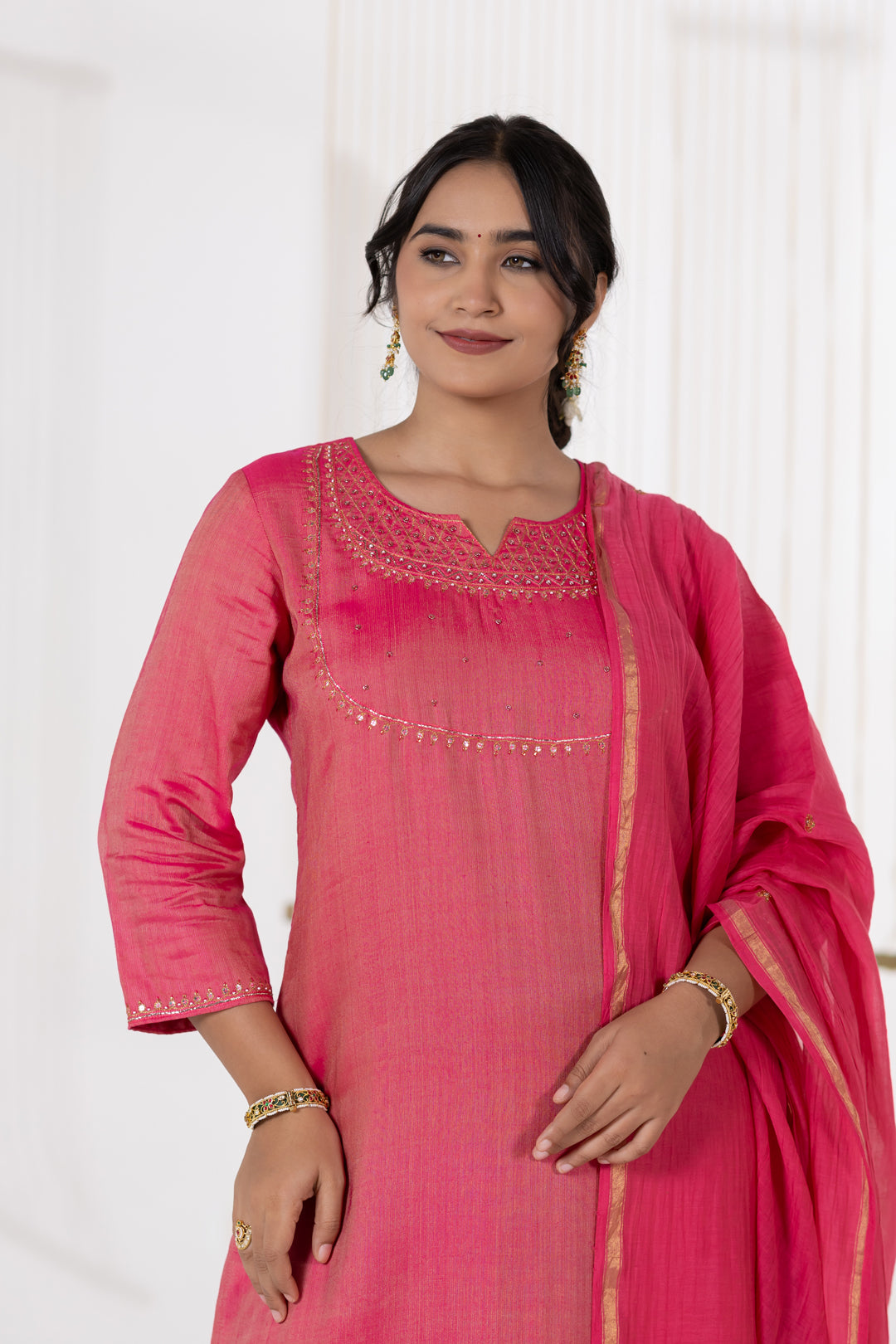 Pink Kurta Set of 3 in Cotton Silk with Khat Work - Dhaaga