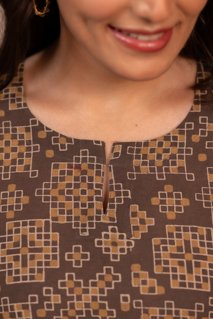 Light Brown Ajrakh Hand Block Printed Cotton Kurta – Rekh