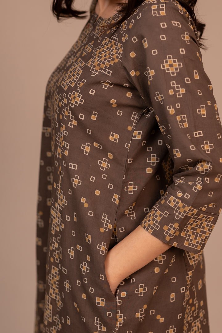 Light Brown Ajrakh Hand Block Printed Cotton Kurta – Rekh