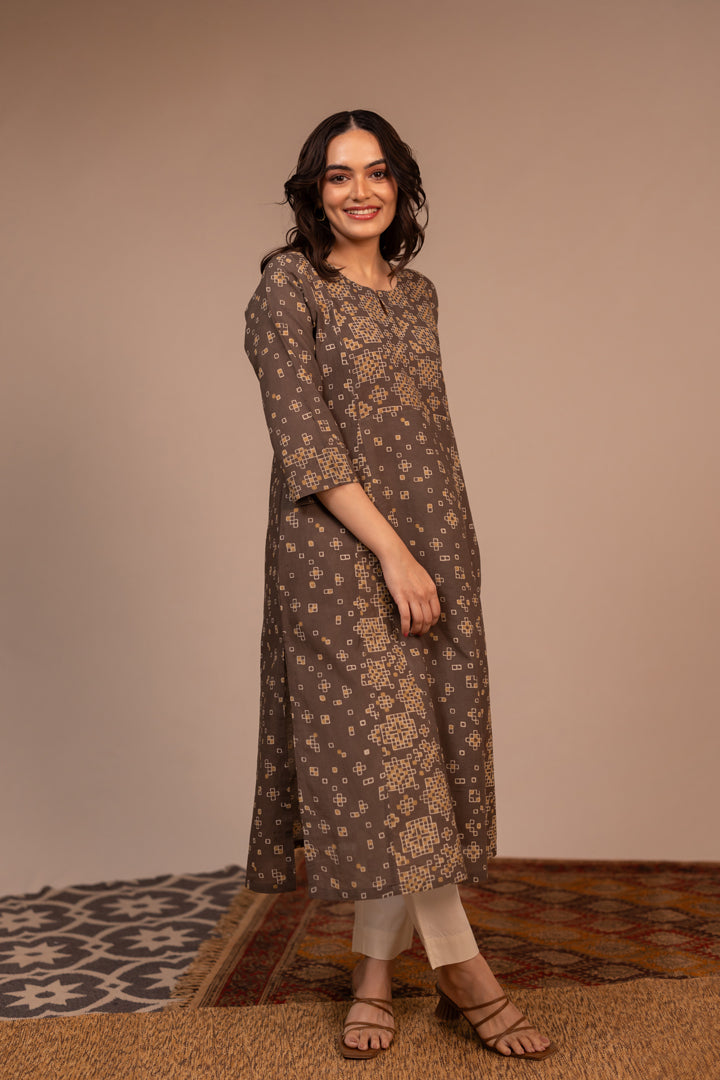 Light Brown Ajrakh Hand Block Printed Cotton Kurta – Rekh