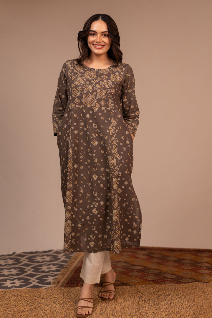 Light Brown Ajrakh Hand Block Printed Cotton Kurta – Rekh