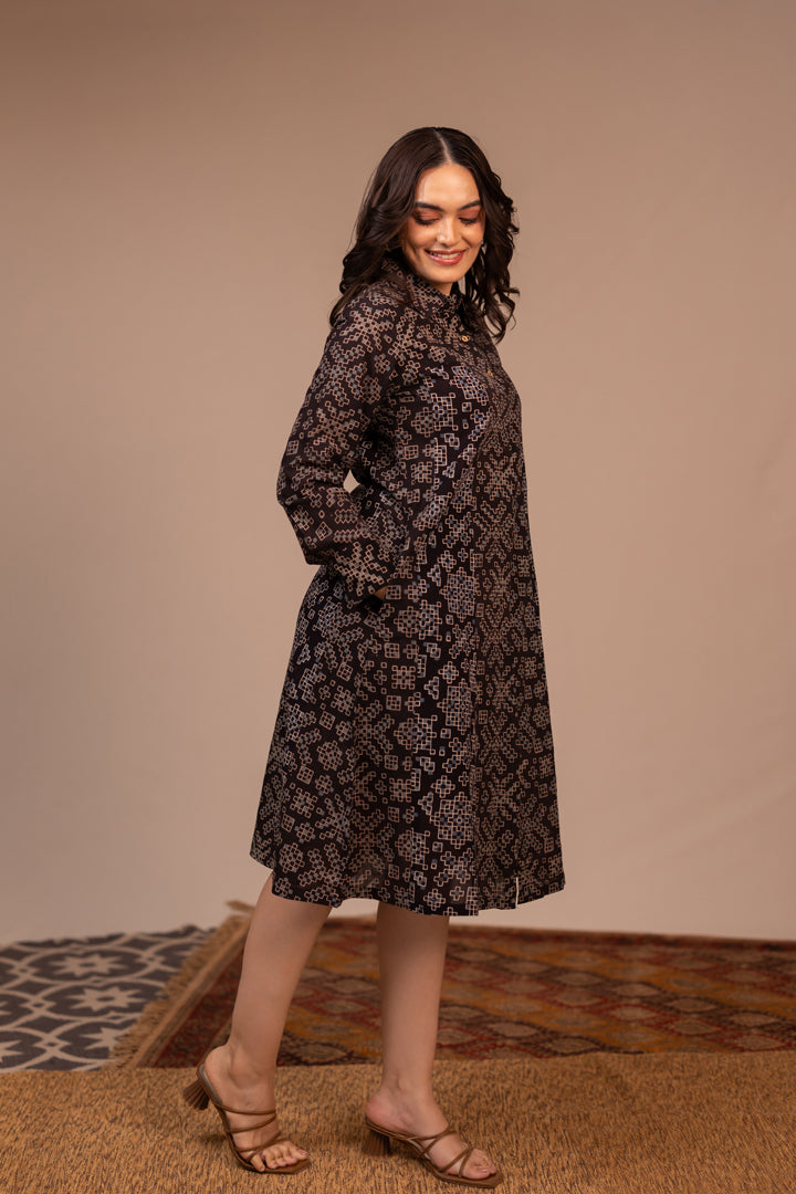 Black Ajrakh Printed Cotton Shirt Dress – Rekh