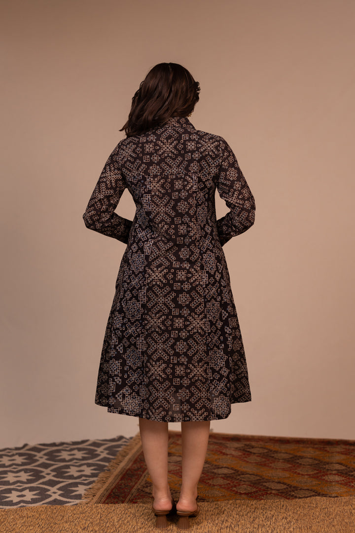 Black Ajrakh Printed Cotton Shirt Dress – Rekh