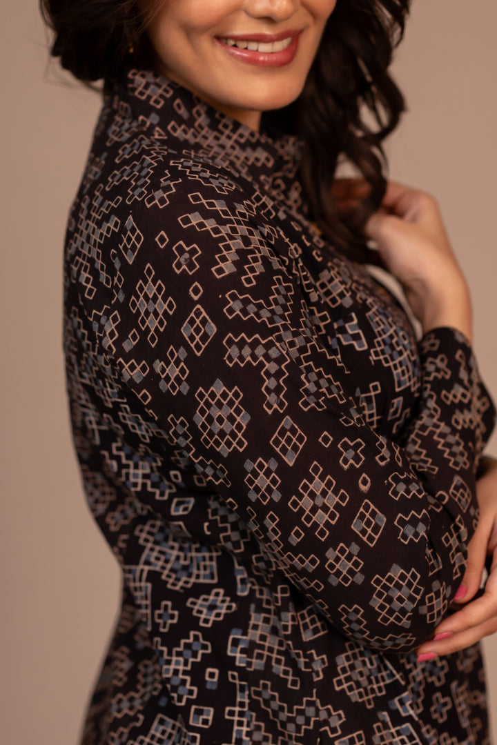 Black Ajrakh Printed Cotton Shirt Dress – Rekh