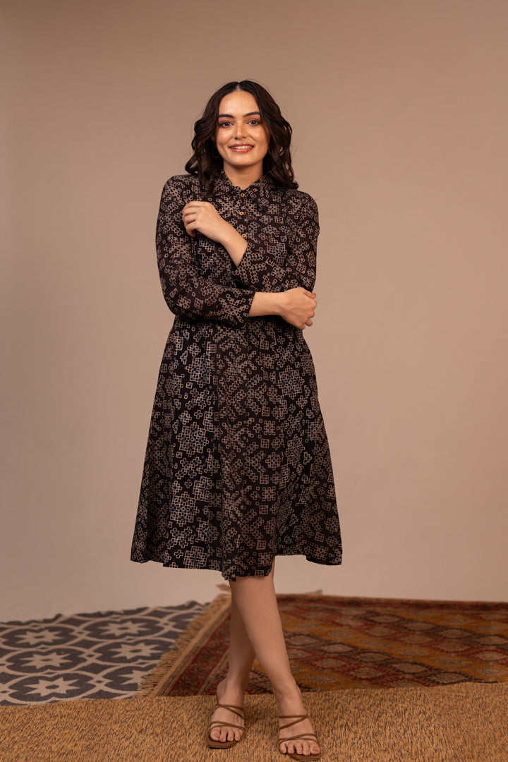 Black Ajrakh Printed Cotton Shirt Dress – Rekh