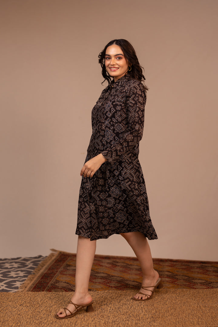 Black Ajrakh Printed Cotton Shirt Dress – Rekh