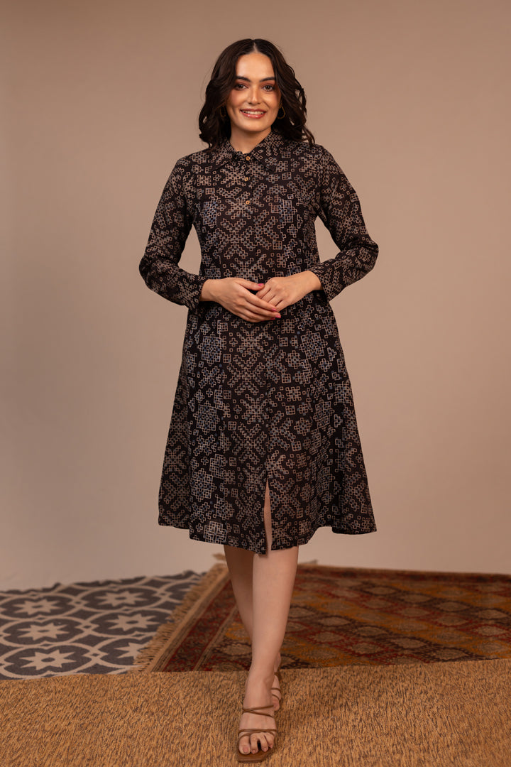 Black Ajrakh Printed Cotton Shirt Dress – Rekh